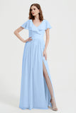 Flutter Sleeves Chiffon Bridesmaid Dress Natural A Line Formal Evening Dresses Gowns