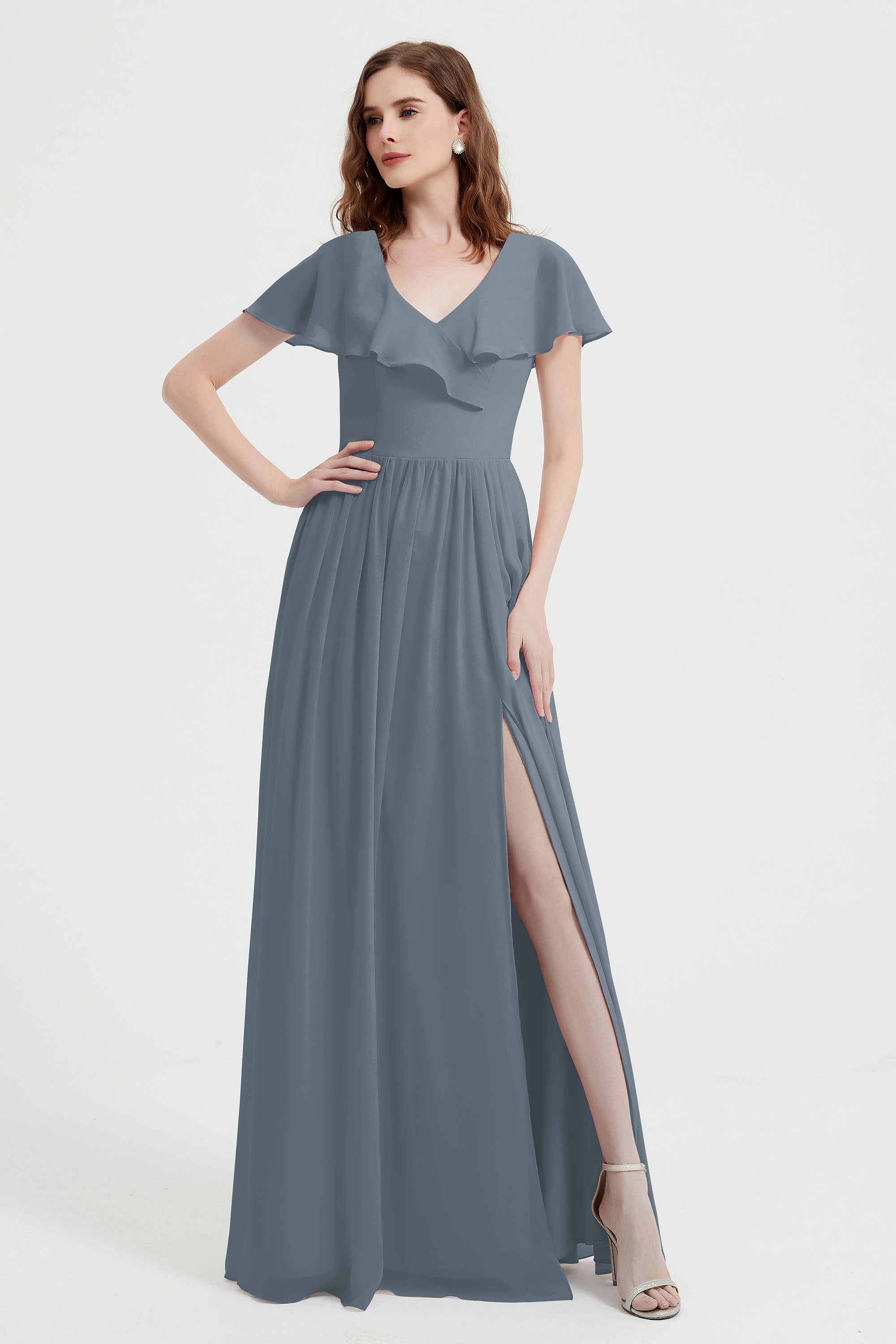 Flutter Sleeves Chiffon Bridesmaid Dress Natural A Line Formal Evening Dresses Gowns