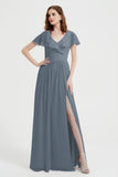 Flutter Sleeves Chiffon Bridesmaid Dress Natural A Line Formal Evening Dresses Gowns