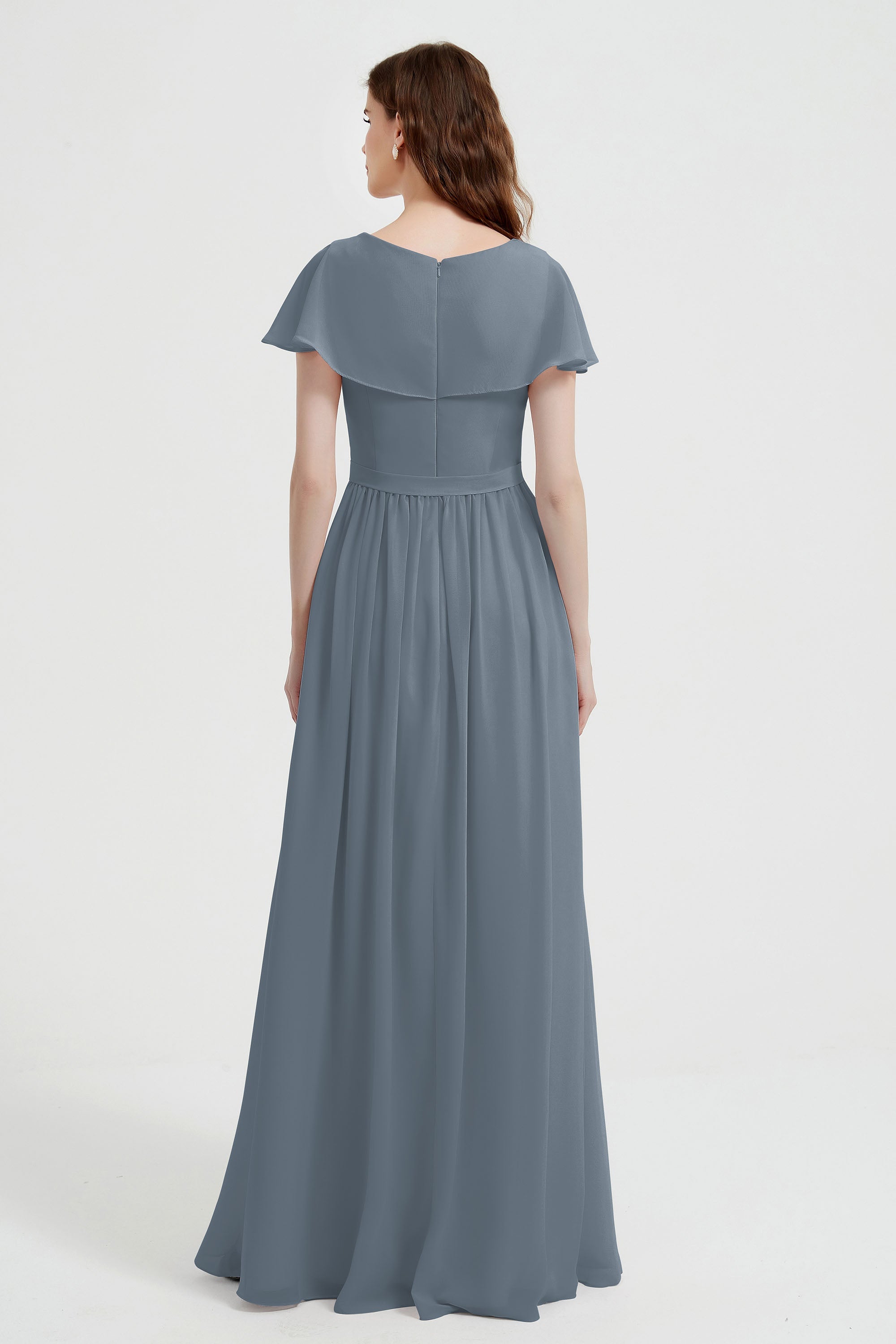 Flutter Sleeves Chiffon Bridesmaid Dress Natural A Line Formal Evening Dresses Gowns