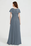 Flutter Sleeves Chiffon Bridesmaid Dress Natural A Line Formal Evening Dresses Gowns