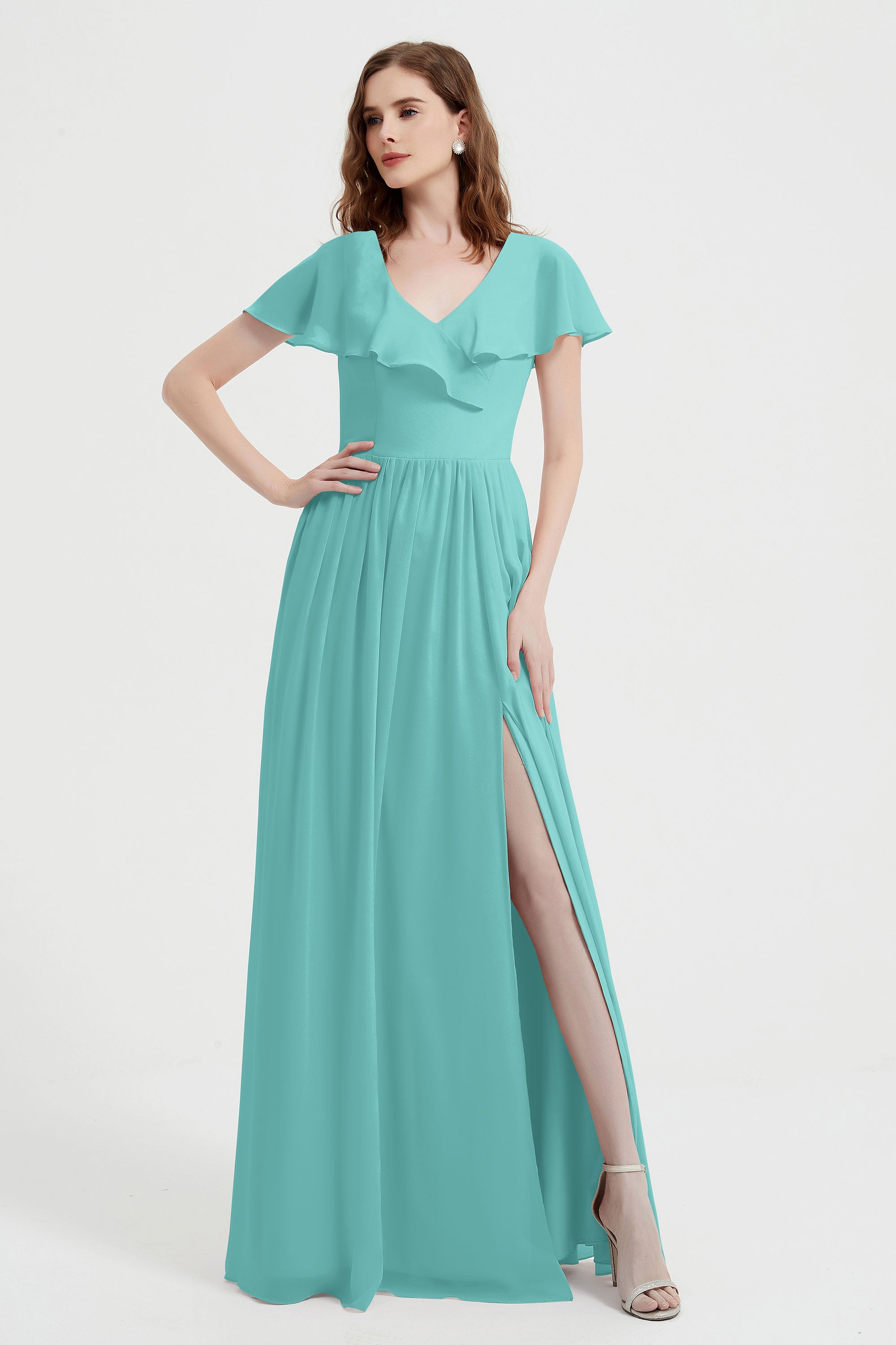 Flutter Sleeves Chiffon Bridesmaid Dress Natural A Line Formal Evening Dresses Gowns