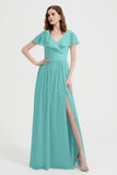 Flutter Sleeves Chiffon Bridesmaid Dress Natural A Line Formal Evening Dresses Gowns