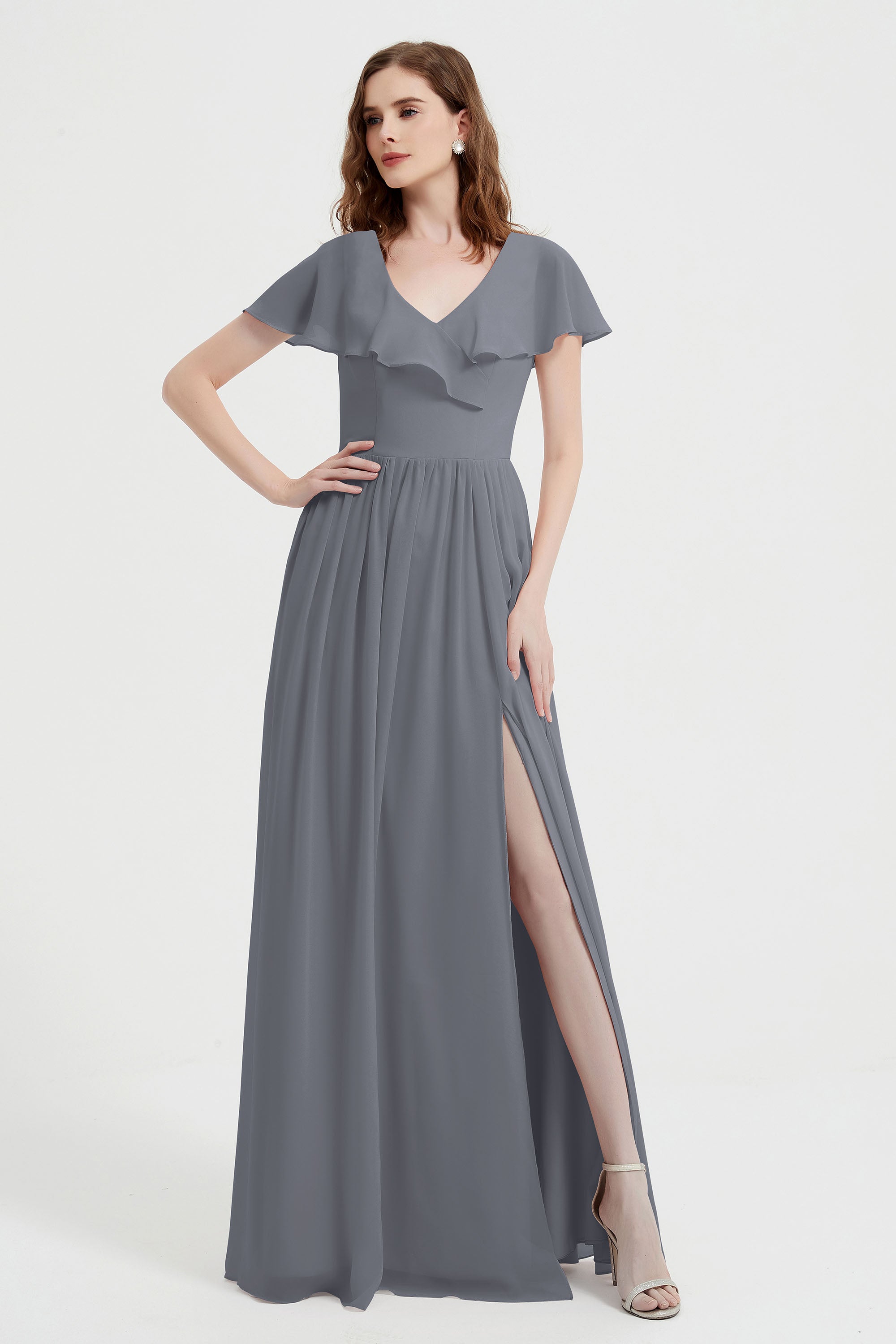 Flutter Sleeves Chiffon Bridesmaid Dress Natural A Line Formal Evening Dresses Gowns