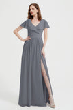 Flutter Sleeves Chiffon Bridesmaid Dress Natural A Line Formal Evening Dresses Gowns