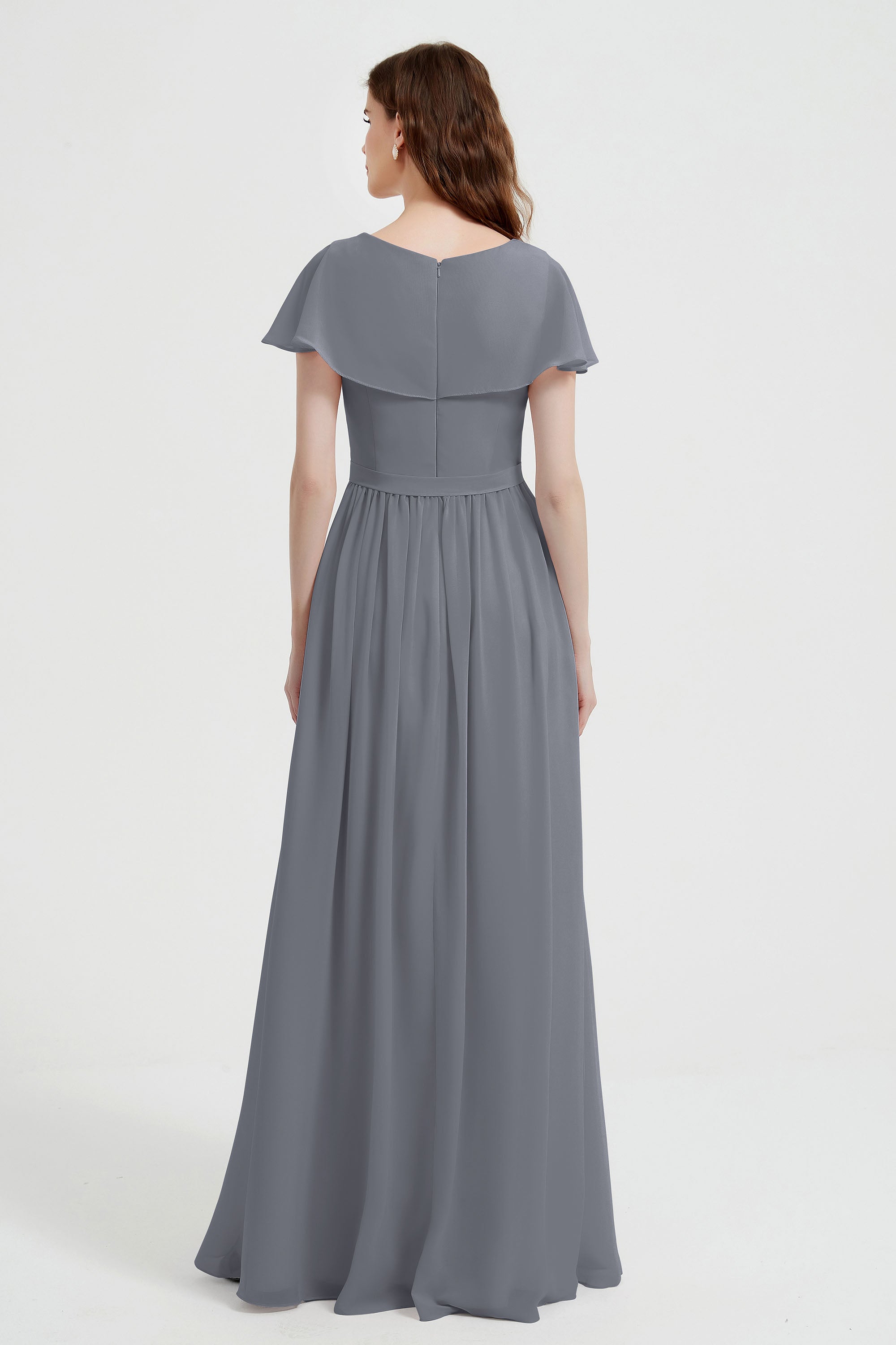 Flutter Sleeves Chiffon Bridesmaid Dress Natural A Line Formal Evening Dresses Gowns