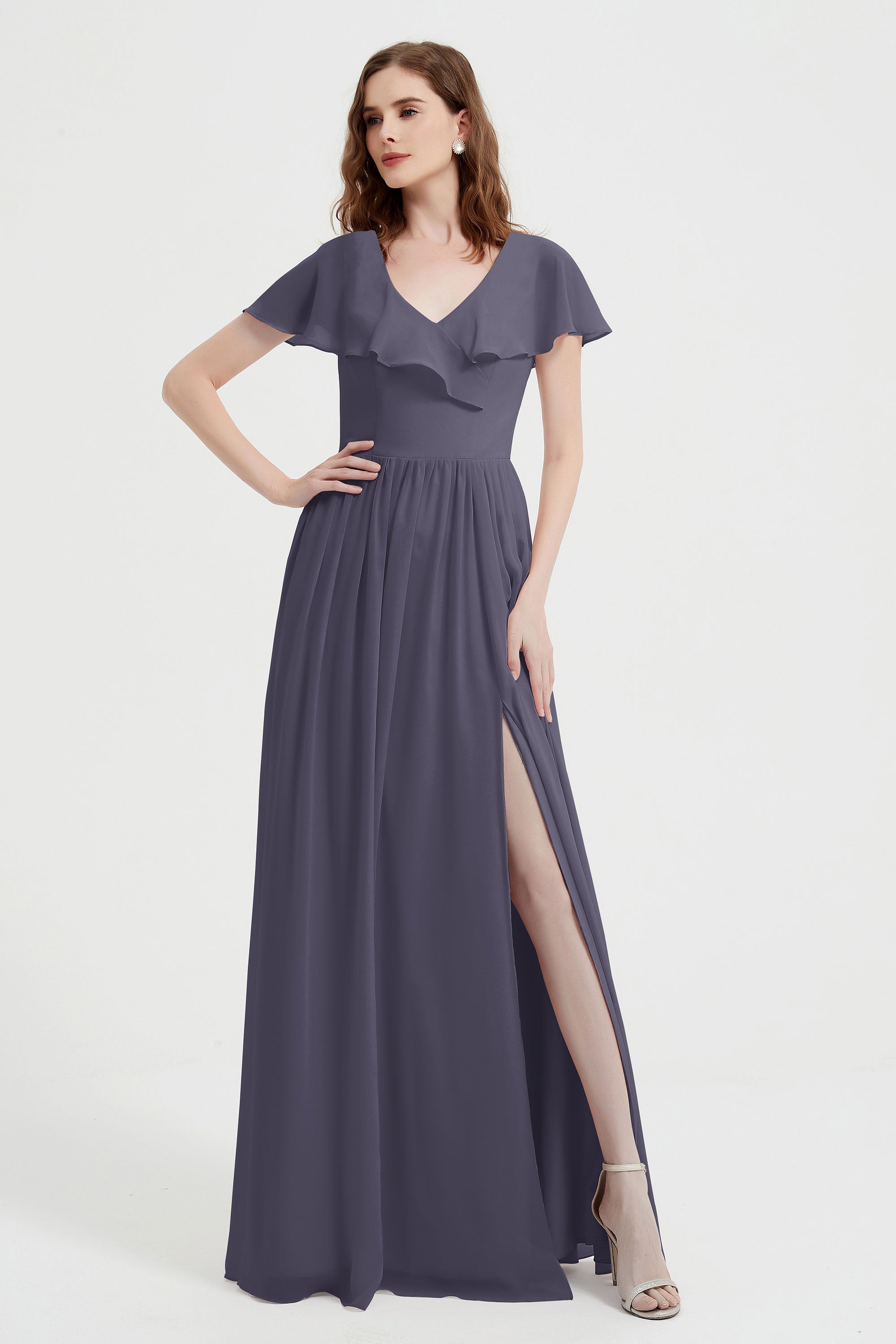 Flutter Sleeves Chiffon Bridesmaid Dress Natural A Line Formal Evening Dresses Gowns