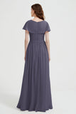 Flutter Sleeves Chiffon Bridesmaid Dress Natural A Line Formal Evening Dresses Gowns