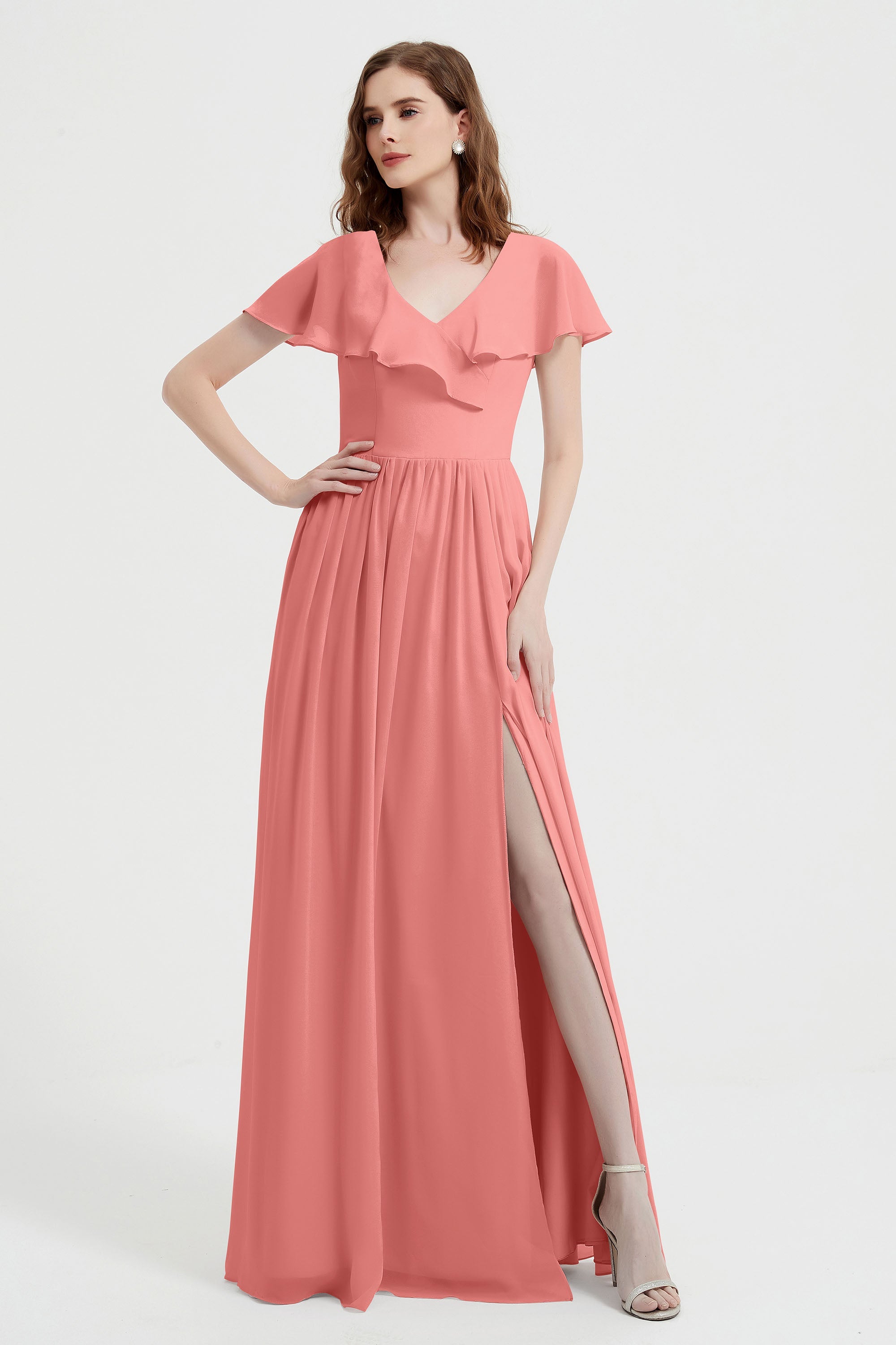 Flutter Sleeves Chiffon Bridesmaid Dress Natural A Line Formal Evening Dresses Gowns