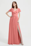 Flutter Sleeves Chiffon Bridesmaid Dress Natural A Line Formal Evening Dresses Gowns