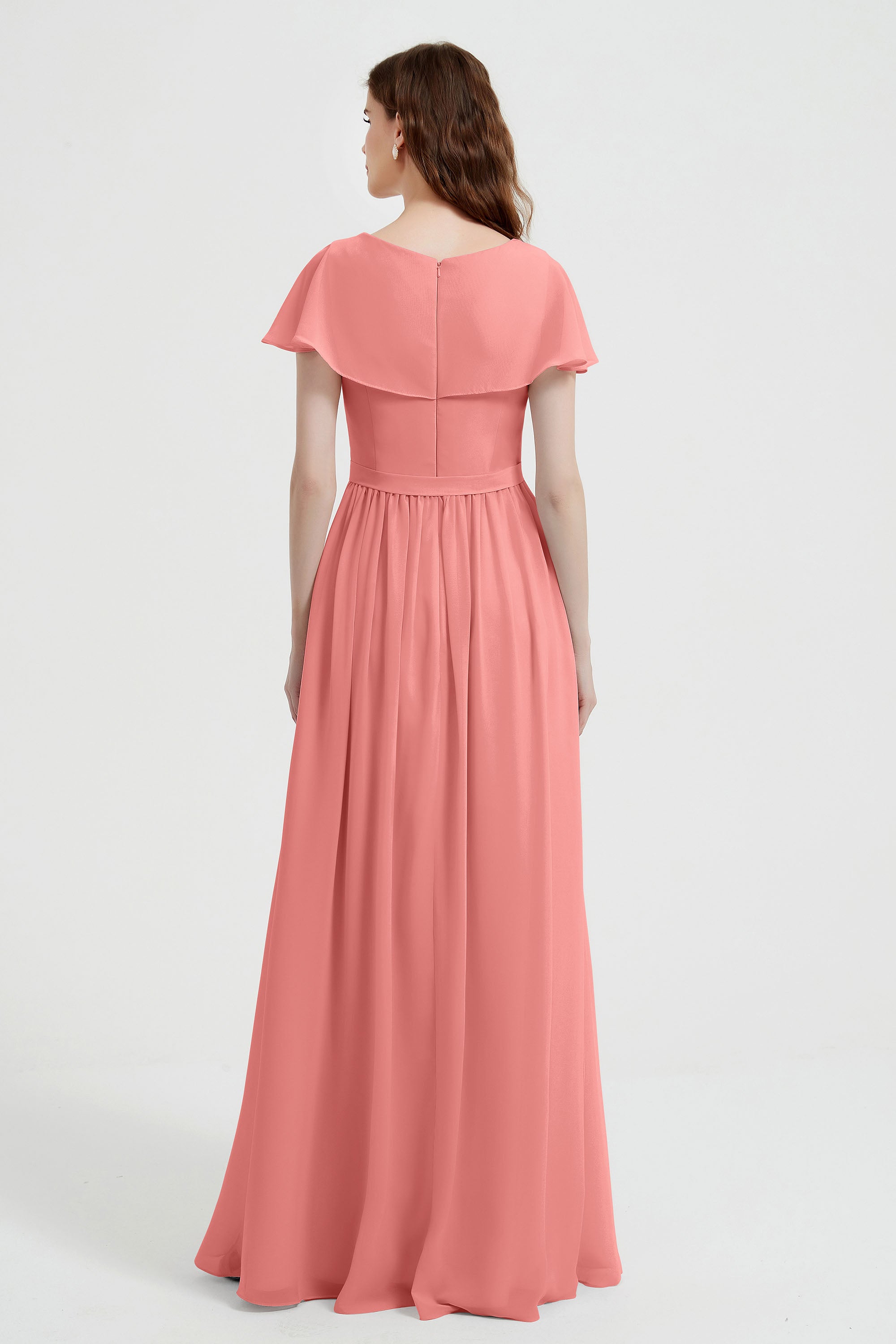 Flutter Sleeves Chiffon Bridesmaid Dress Natural A Line Formal Evening Dresses Gowns
