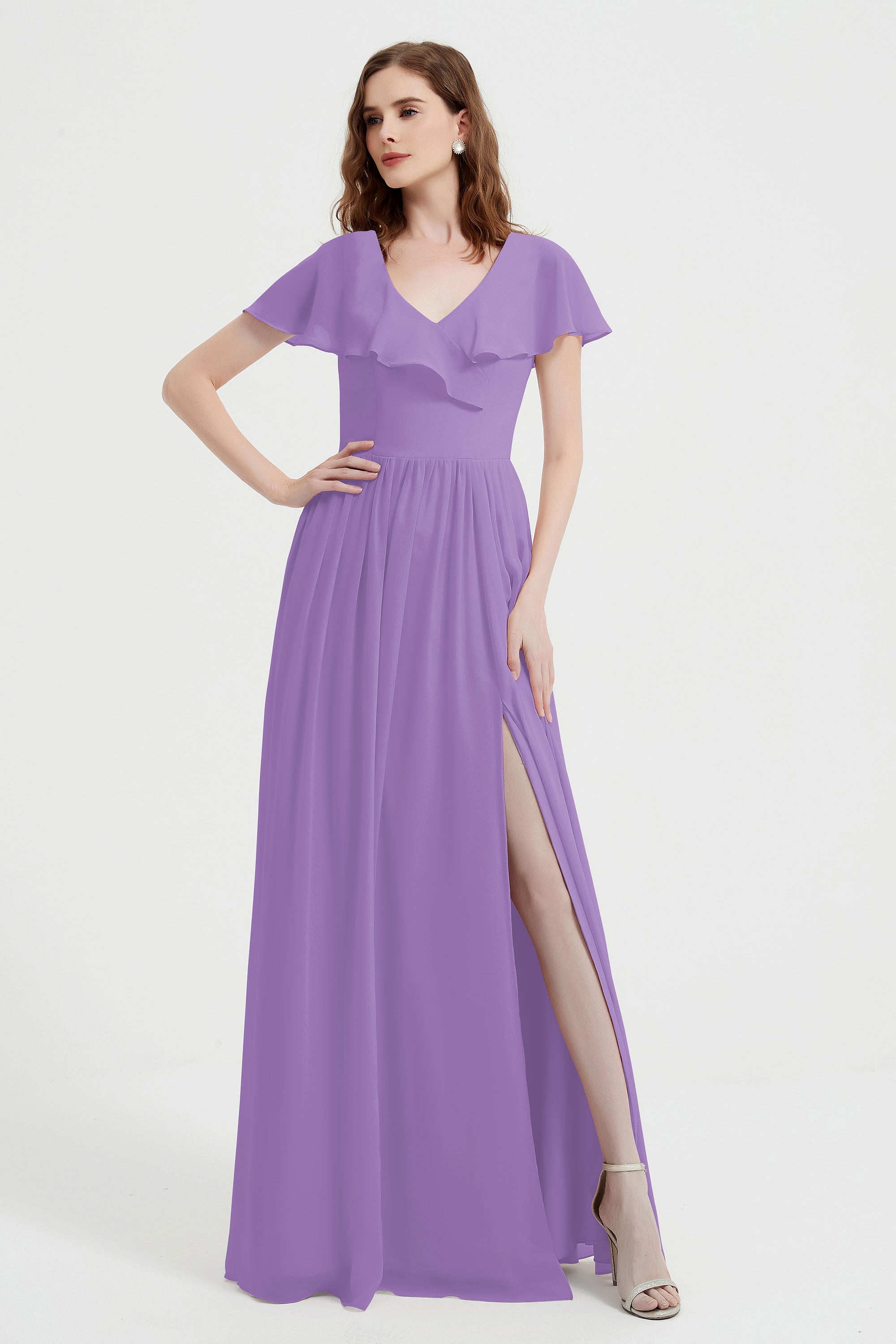 Flutter Sleeves Chiffon Bridesmaid Dress Natural A Line Formal Evening Dresses Gowns