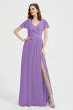 Flutter Sleeves Chiffon Bridesmaid Dress Natural A Line Formal Evening Dresses Gowns
