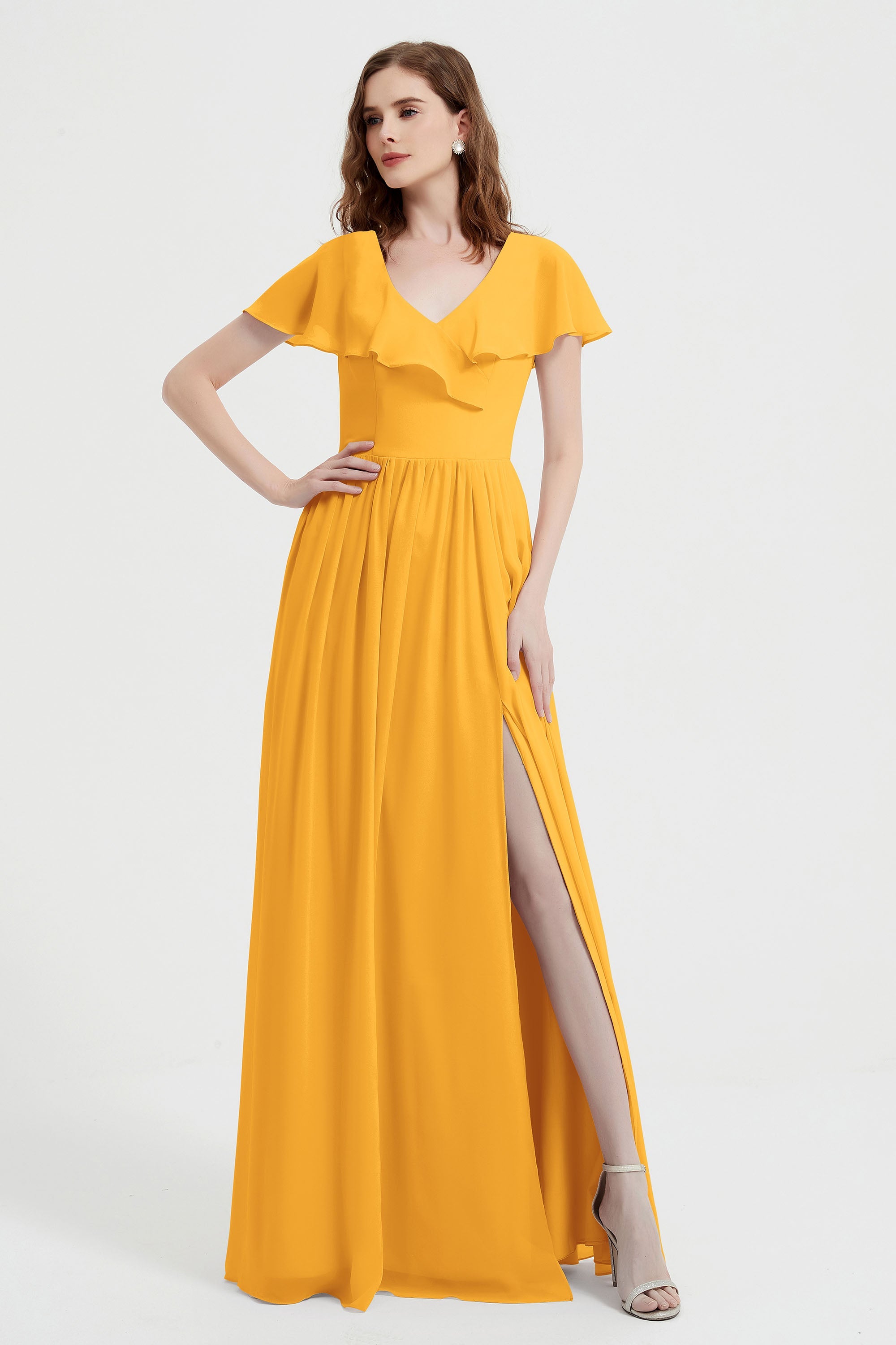 Flutter Sleeves Chiffon Bridesmaid Dress Natural A Line Formal Evening Dresses Gowns