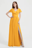 Flutter Sleeves Chiffon Bridesmaid Dress Natural A Line Formal Evening Dresses Gowns