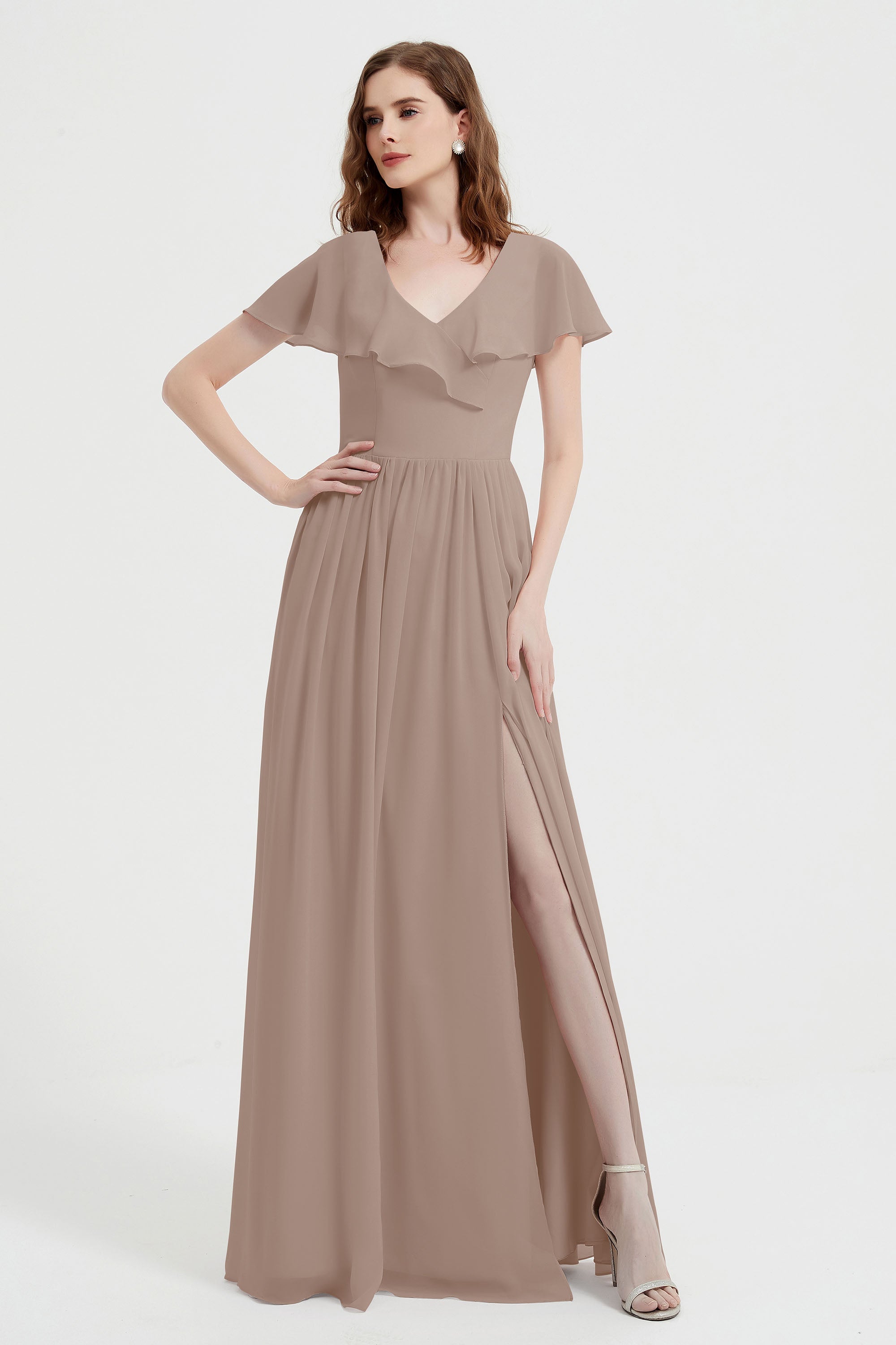 Flutter Sleeves Chiffon Bridesmaid Dress Natural A Line Formal Evening Dresses Gowns