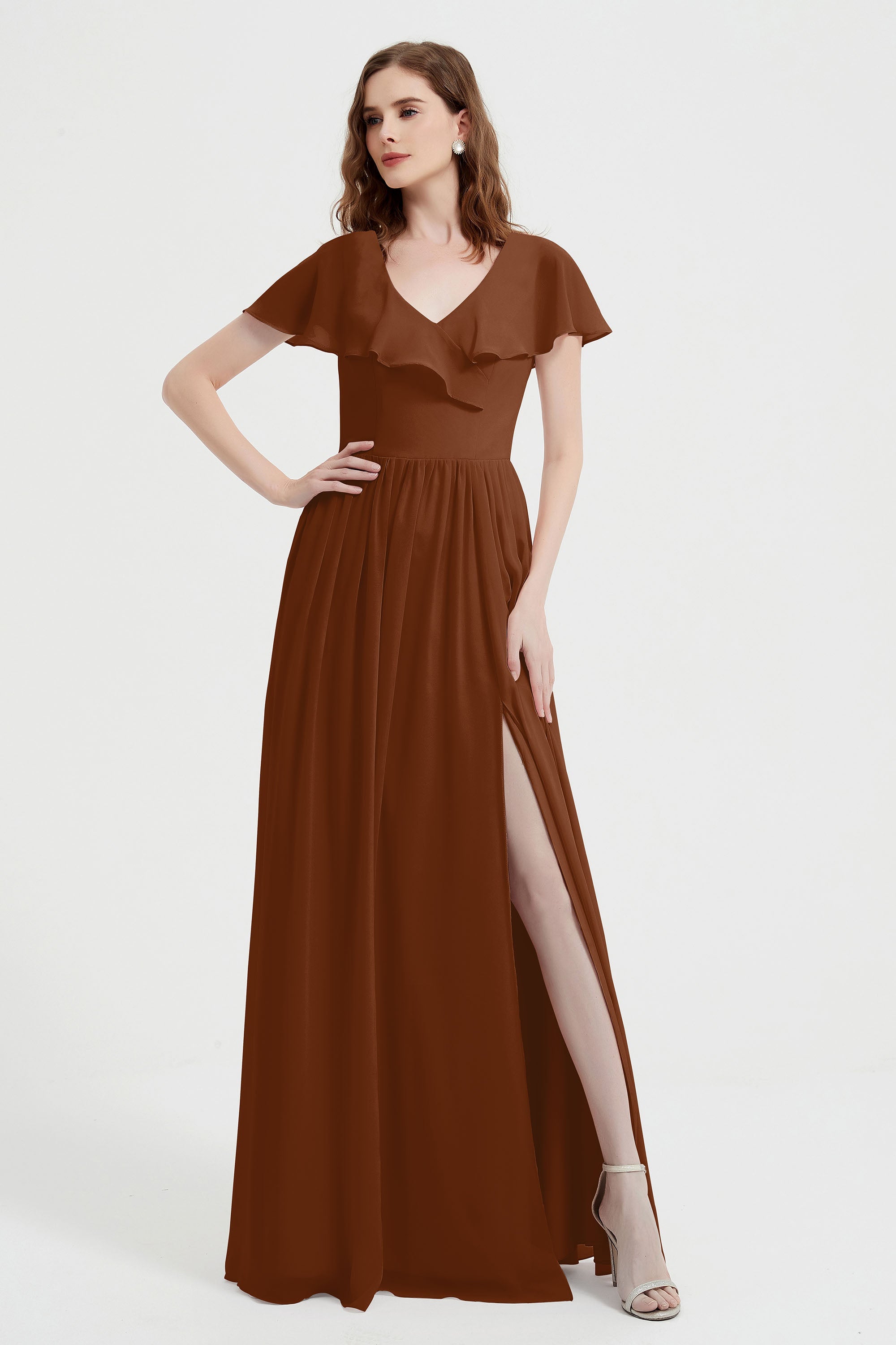 Flutter Sleeves Chiffon Bridesmaid Dress Natural A Line Formal Evening Dresses Gowns