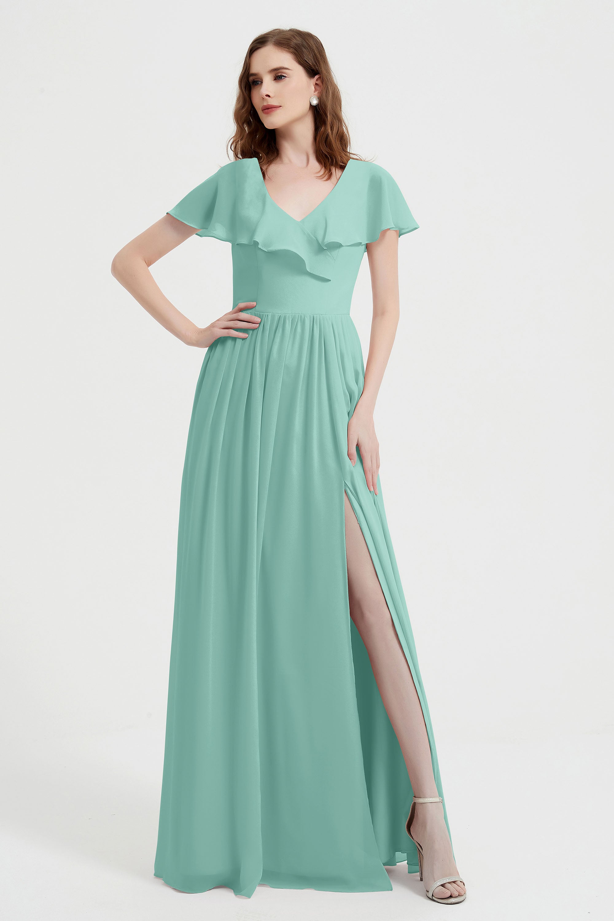 Flutter Sleeves Chiffon Bridesmaid Dress Natural A Line Formal Evening Dresses Gowns