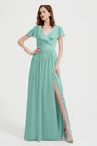 Flutter Sleeves Chiffon Bridesmaid Dress Natural A Line Formal Evening Dresses Gowns