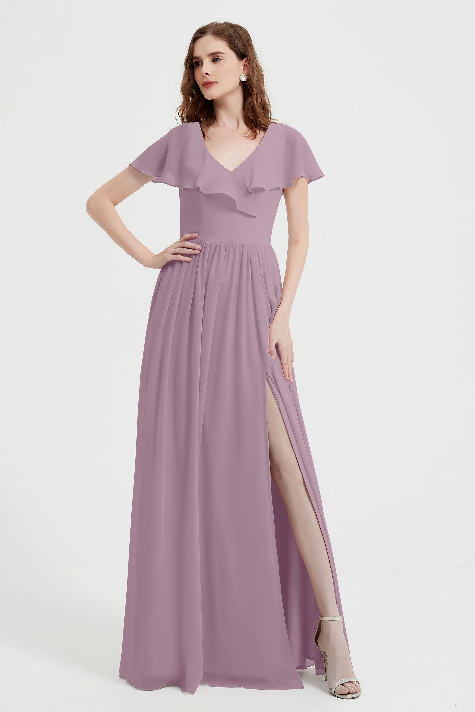 Flutter Sleeves Chiffon Bridesmaid Dress Natural A Line Formal Evening Dresses Gowns