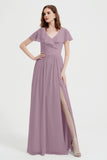 Flutter Sleeves Chiffon Bridesmaid Dress Natural A Line Formal Evening Dresses Gowns