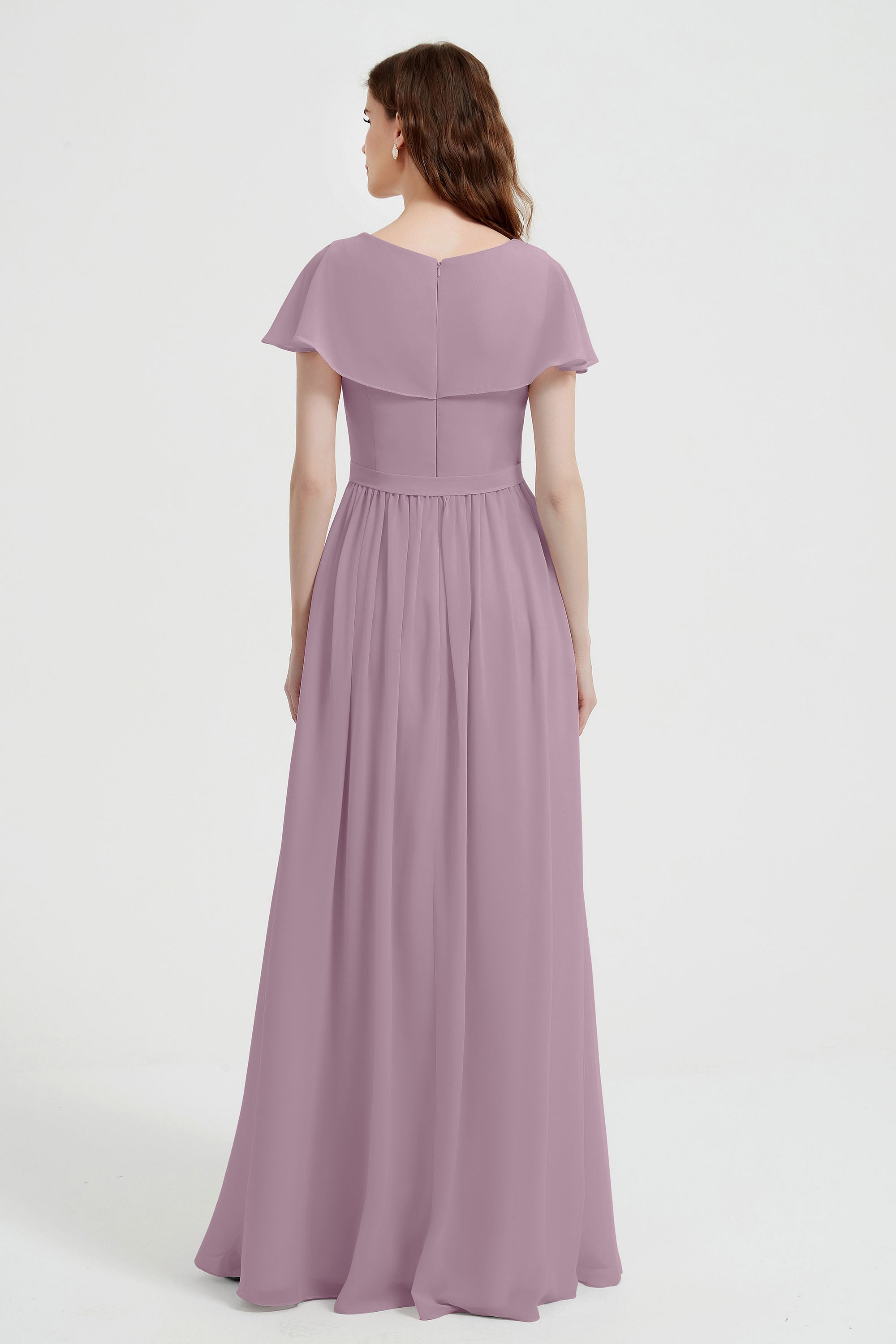 Flutter Sleeves Chiffon Bridesmaid Dress Natural A Line Formal Evening Dresses Gowns