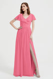 Flutter Sleeves Chiffon Bridesmaid Dress Natural A Line Formal Evening Dresses Gowns