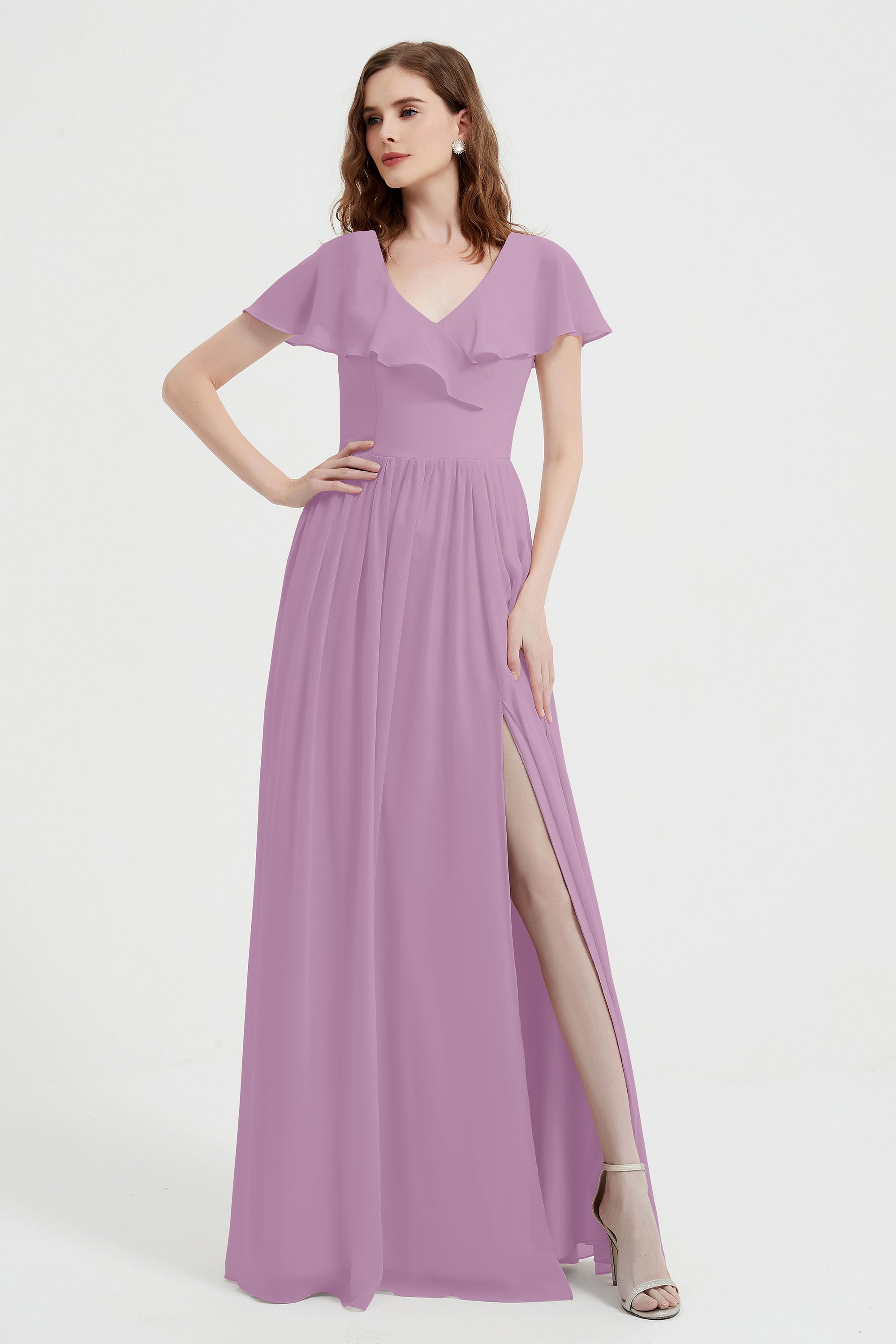 Flutter Sleeves Chiffon Bridesmaid Dress Natural A Line Formal Evening Dresses Gowns