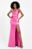 Stretch Satin Mermaid Bridesmaid Dress Sleeveless Pleated Formal Evening Dresses with Slit