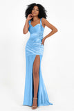 Stretch Satin Mermaid Bridesmaid Dress Sleeveless Pleated Formal Evening Dresses with Slit