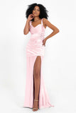 Stretch Satin Mermaid Bridesmaid Dress Sleeveless Pleated Formal Evening Dresses with Slit