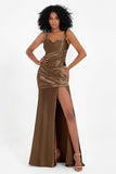 Stretch Satin Mermaid Bridesmaid Dress Sleeveless Pleated Formal Evening Dresses with Slit