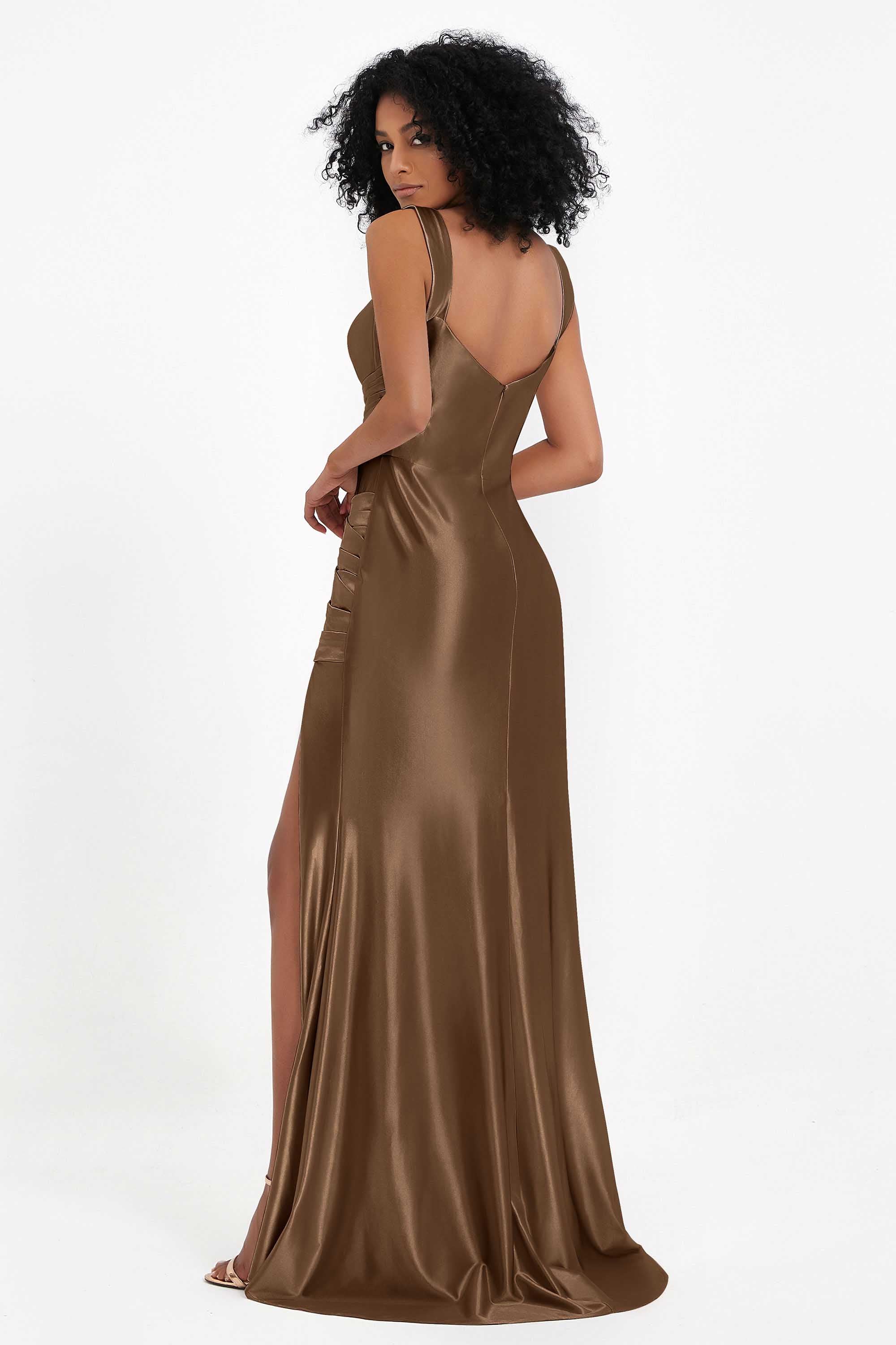 Stretch Satin Mermaid Bridesmaid Dress Sleeveless Pleated Formal Evening Dresses with Slit
