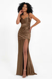 Stretch Satin Mermaid Bridesmaid Dress Sleeveless Pleated Formal Evening Dresses with Slit
