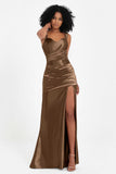 Stretch Satin Mermaid Bridesmaid Dress Sleeveless Pleated Formal Evening Dresses with Slit