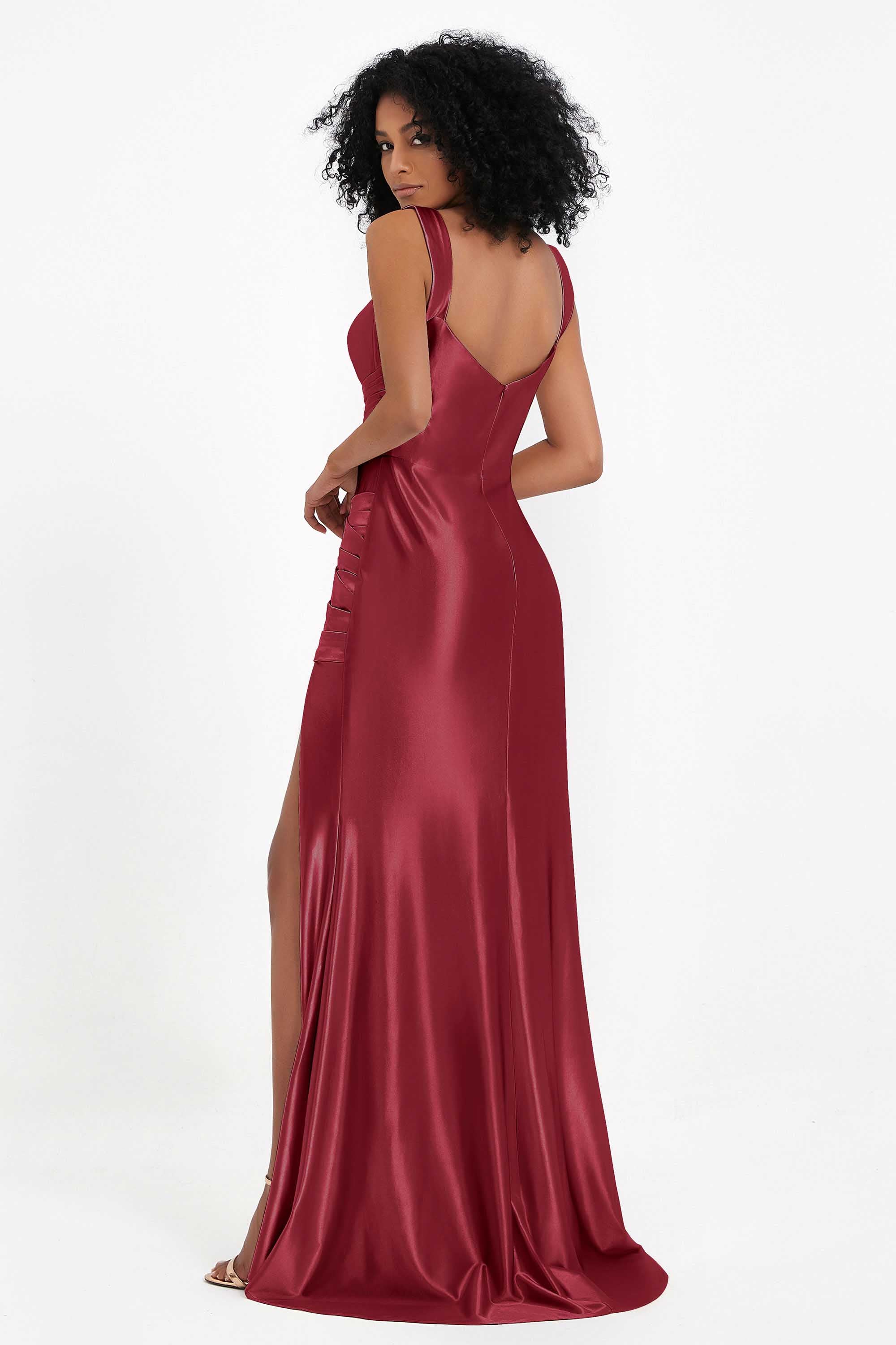 Stretch Satin Mermaid Bridesmaid Dress Sleeveless Pleated Formal Evening Dresses with Slit