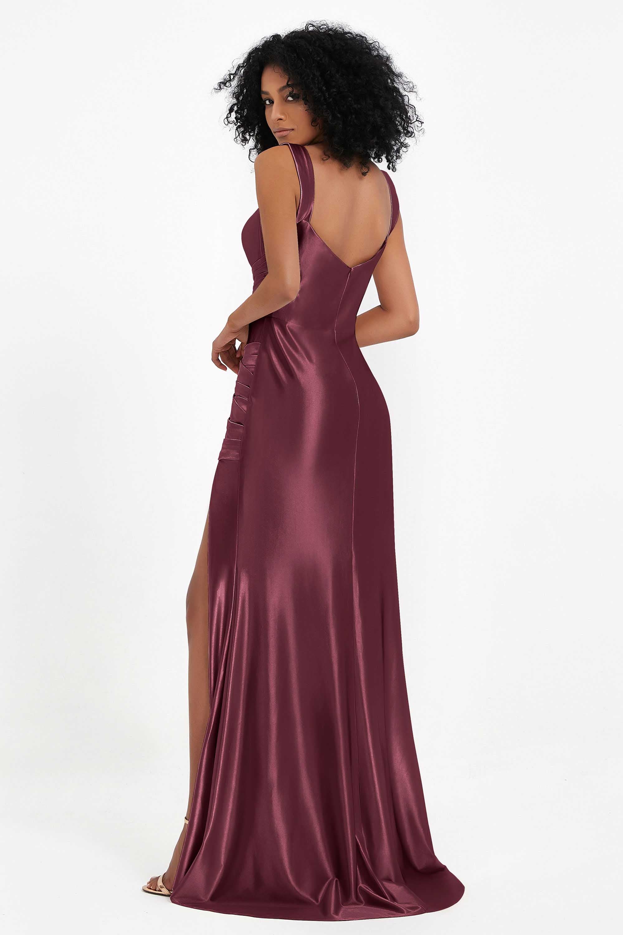 Stretch Satin Mermaid Bridesmaid Dress Sleeveless Pleated Formal Evening Dresses with Slit