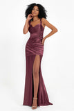 Stretch Satin Mermaid Bridesmaid Dress Sleeveless Pleated Formal Evening Dresses with Slit