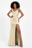 Stretch Satin Mermaid Bridesmaid Dress Sleeveless Pleated Formal Evening Dresses with Slit