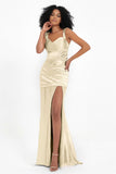 Stretch Satin Mermaid Bridesmaid Dress Sleeveless Pleated Formal Evening Dresses with Slit