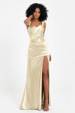 Stretch Satin Mermaid Bridesmaid Dress Sleeveless Pleated Formal Evening Dresses with Slit