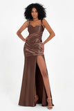 Stretch Satin Mermaid Bridesmaid Dress Sleeveless Pleated Formal Evening Dresses with Slit
