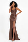 Stretch Satin Mermaid Bridesmaid Dress Sleeveless Pleated Formal Evening Dresses with Slit