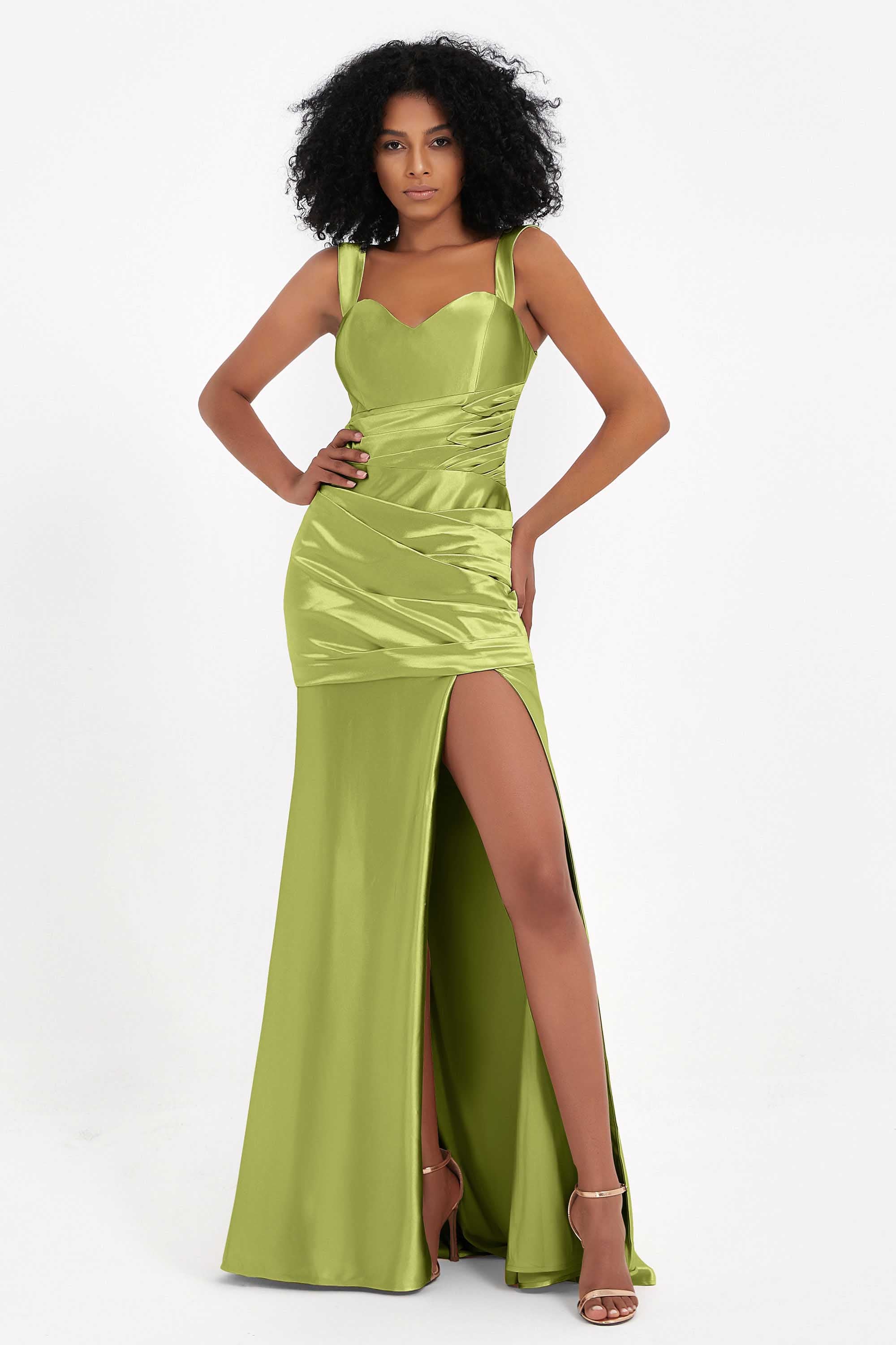 Stretch Satin Mermaid Bridesmaid Dress Sleeveless Pleated Formal Evening Dresses with Slit