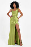 Stretch Satin Mermaid Bridesmaid Dress Sleeveless Pleated Formal Evening Dresses with Slit