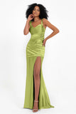 Stretch Satin Mermaid Bridesmaid Dress Sleeveless Pleated Formal Evening Dresses with Slit