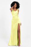 Stretch Satin Mermaid Bridesmaid Dress Sleeveless Pleated Formal Evening Dresses with Slit