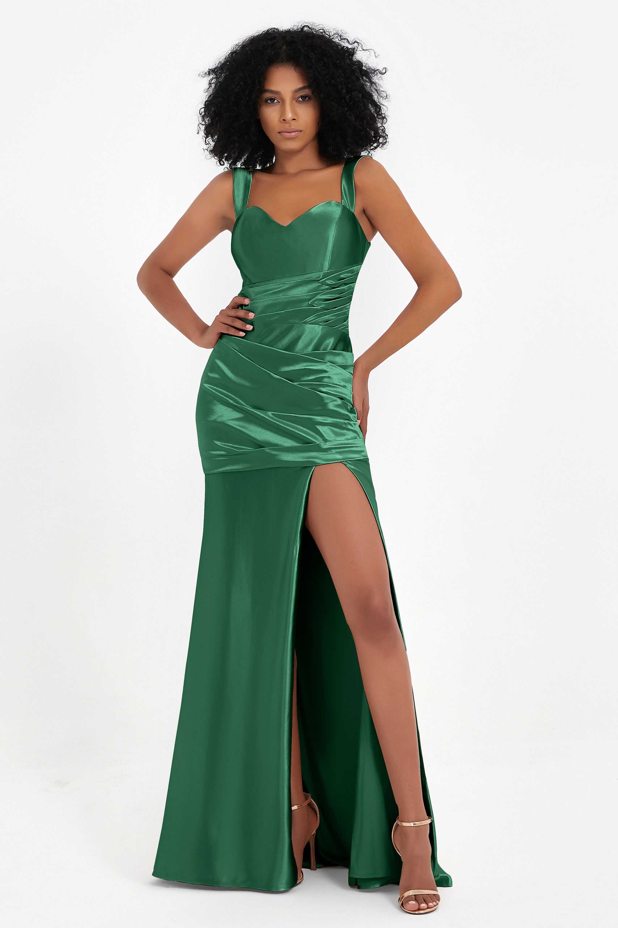 Stretch Satin Mermaid Bridesmaid Dress Sleeveless Pleated Formal Evening Dresses with Slit