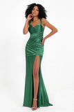 Stretch Satin Mermaid Bridesmaid Dress Sleeveless Pleated Formal Evening Dresses with Slit