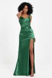Stretch Satin Mermaid Bridesmaid Dress Sleeveless Pleated Formal Evening Dresses with Slit